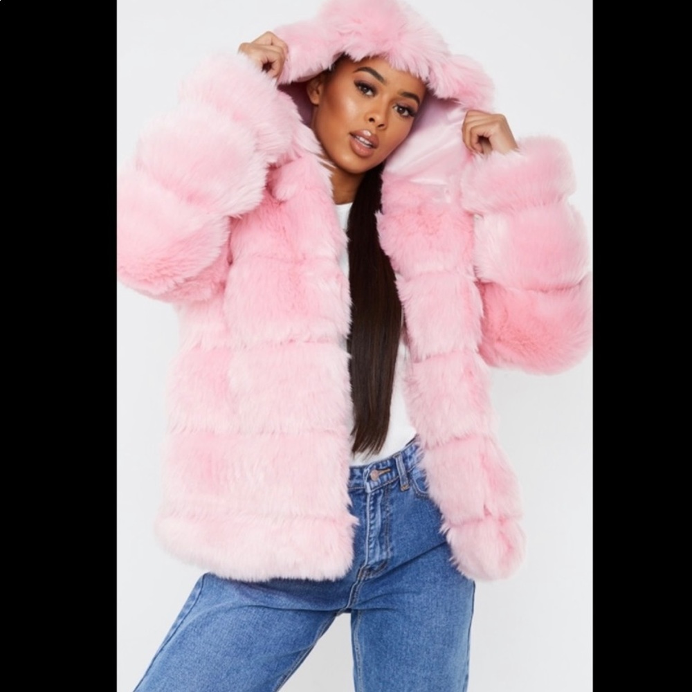PrettyLittleThing pink faux fur puffer jacket .